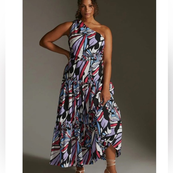 NWT Anthropologie Maeve One Shoulder Multicolor midi ruffled Dress cotton 12 - Picture 14 of 15